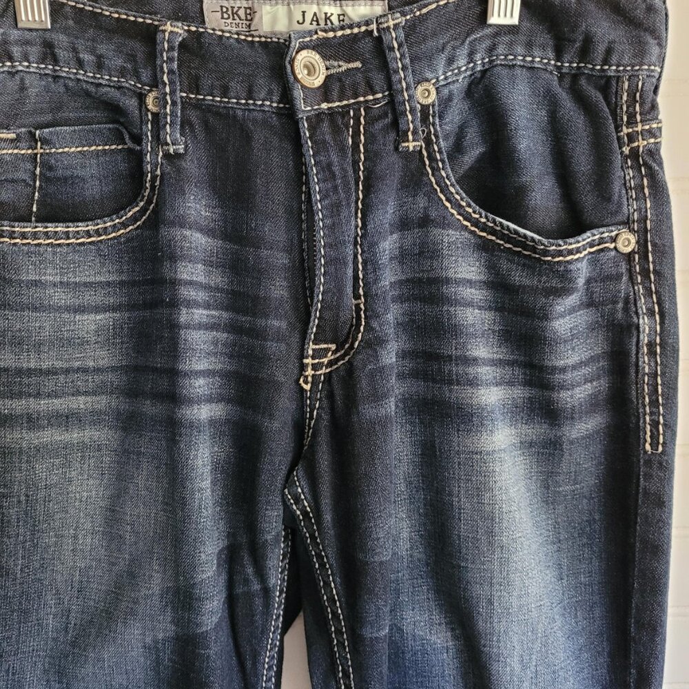BKE Mens Jeans Size 29R Jake Dark Wash Straight Distressing Heavy Stitching - Picture 11 of 12